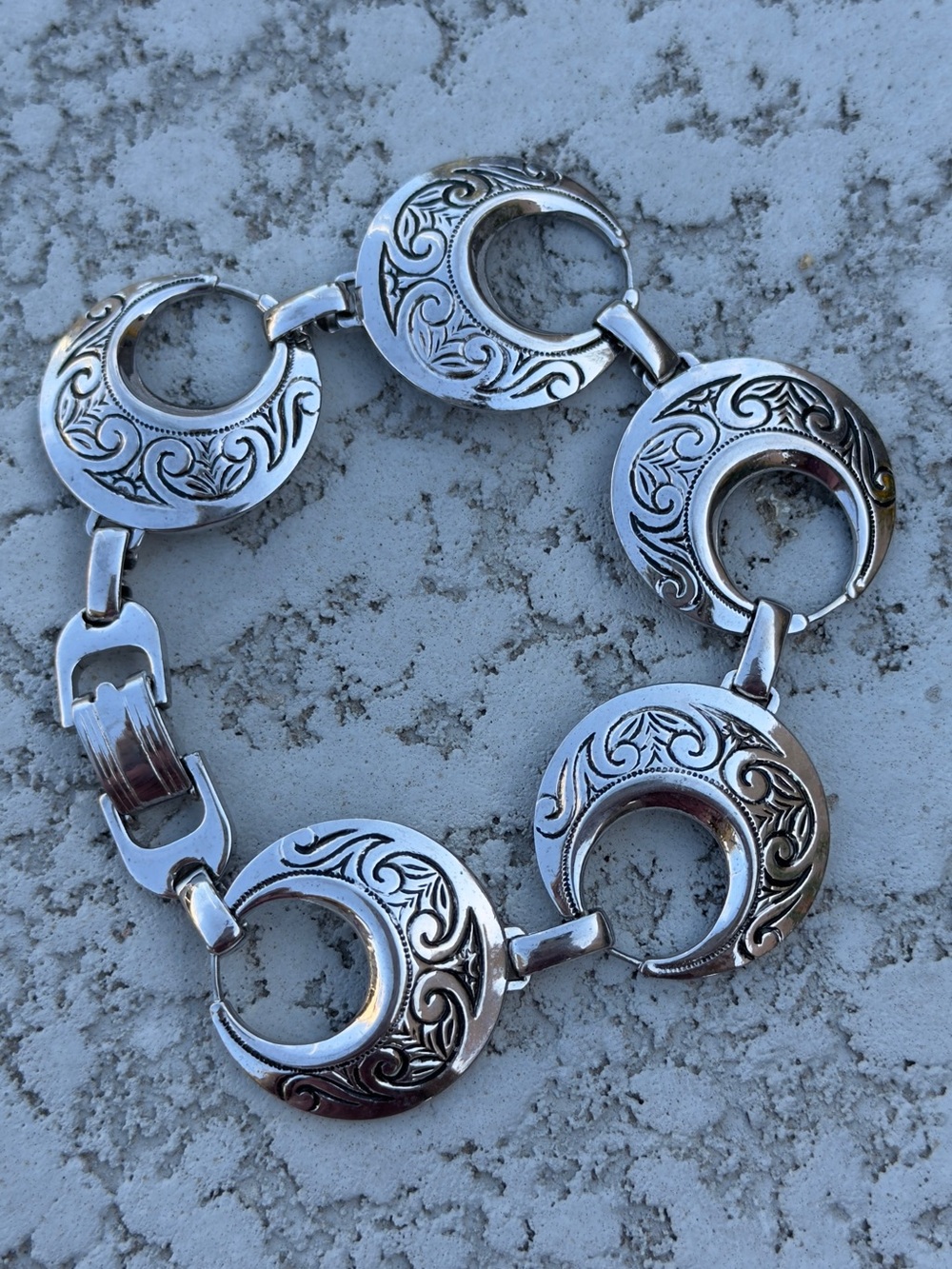 Silver-Tone Decorative Circle Link Bracelet - Ornate Engraved Design